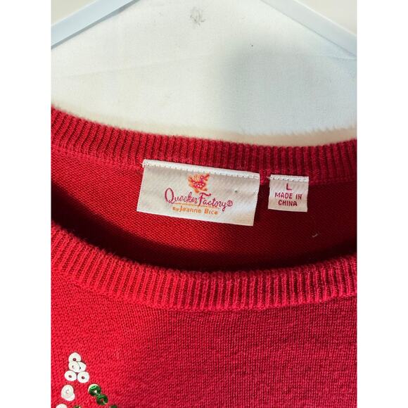 Quacker Factory Red Sequin Kitty Cat with Christmas Tree Cotton Sweater size L - Picture 3 of 6